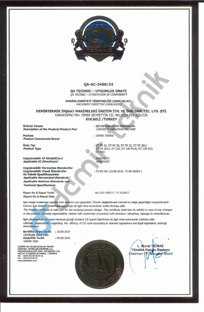 Сертифікат Demir Teknik – запасні частини бетонного вібратора